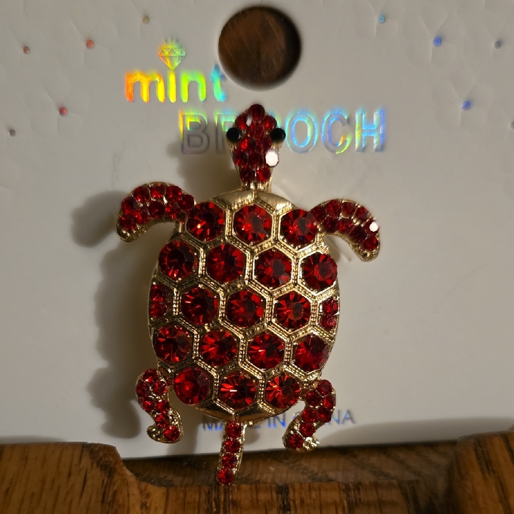 Mint Red Crystal Turtle Brooch
